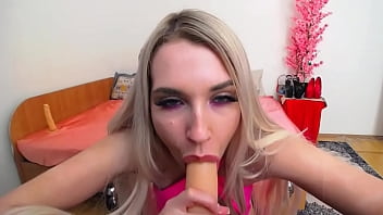 Blonde with big tits sucks a huge cock and wants you to cum in her mouth
